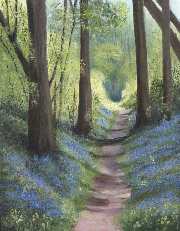 Oil artwork titled Bluebell wood below British Camp.