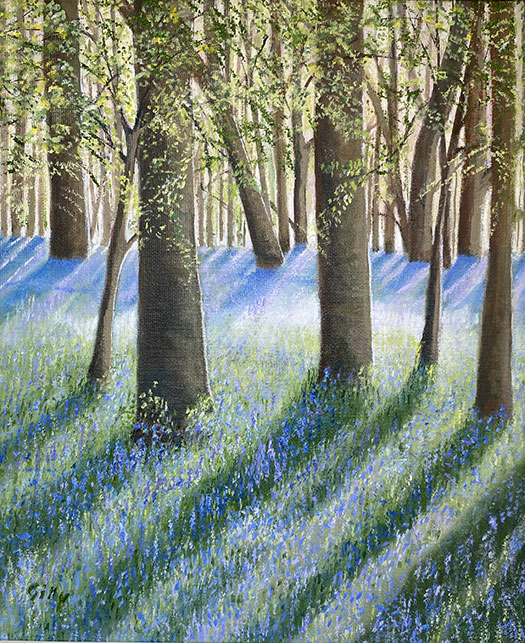 Oil artwork titled Bluebells in May.