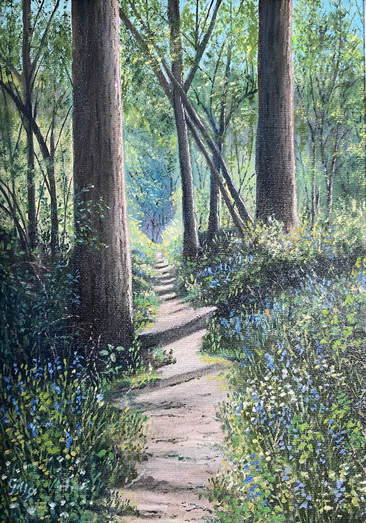 Oil artwork titled Bluebells in the Malverns.