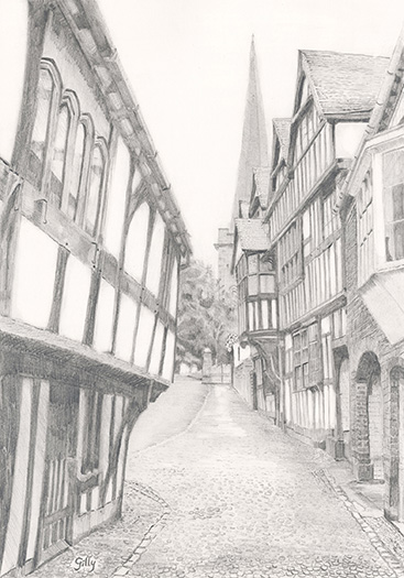 Pencil artwork titled Walking up Church Lane, Ledbury.