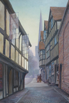 Oil artwork titled Church Lane, Ledbury.
