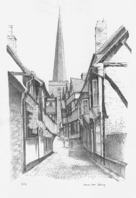 Pencil artwork titled Church Lane, Ledbury.