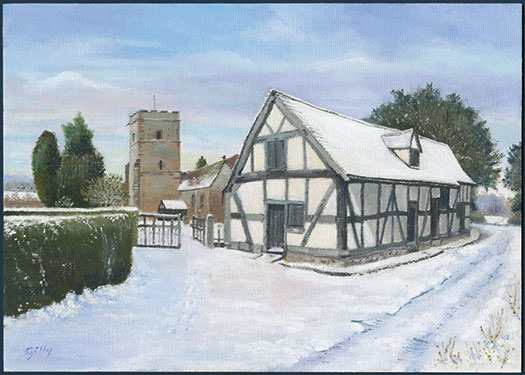Oil artwork titled Colwall Church in Winter.