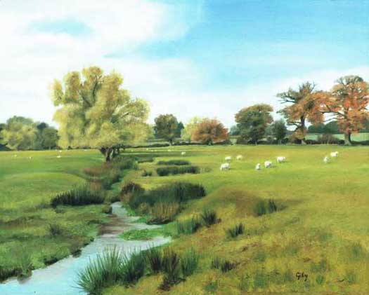 Oil artwork titled Autumn Meadows, Colwall.