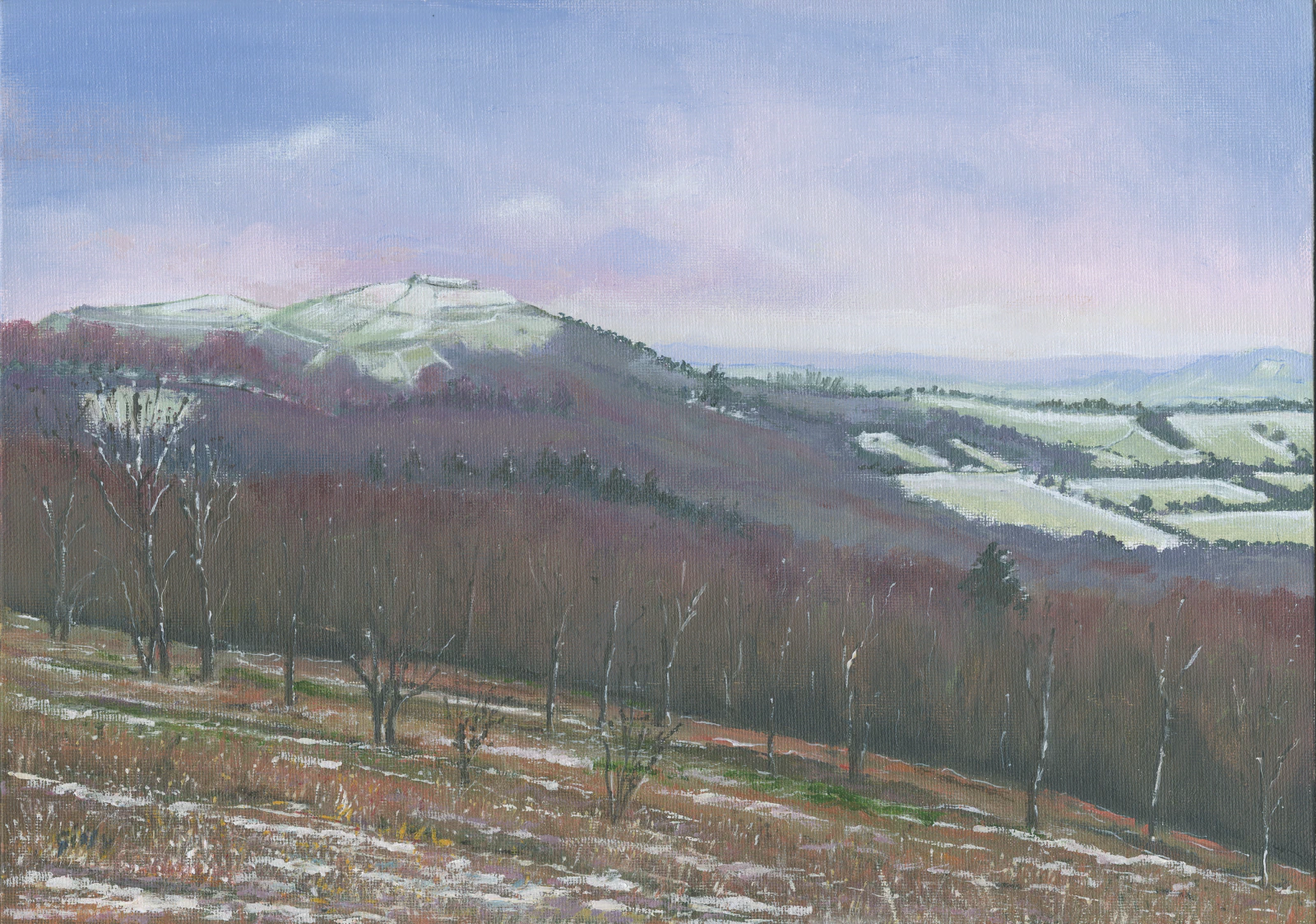 Oil artwork titled December on the Malverns.