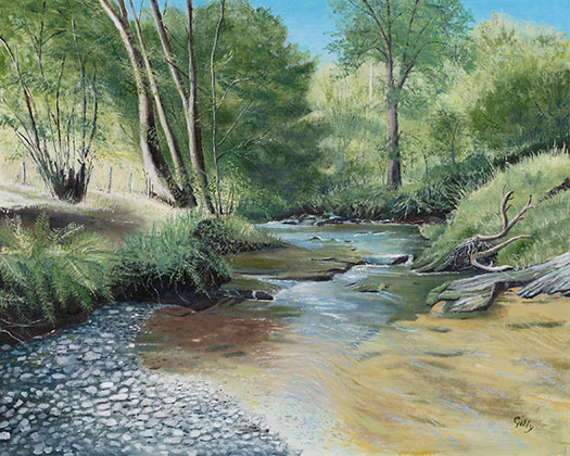 Oil artwork titled Duhonw Stream, Builth Wells.