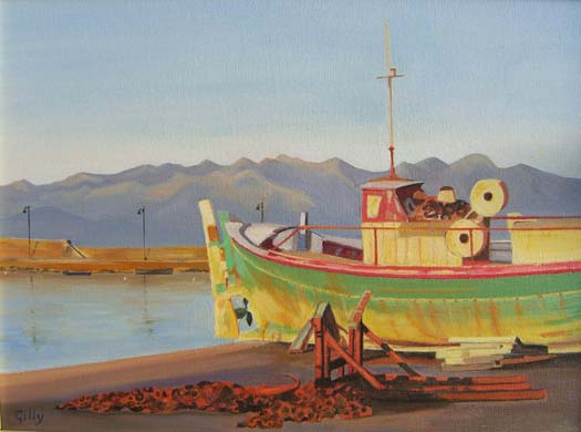 Oil artwork titled Evening Light at Koroni, Greece.