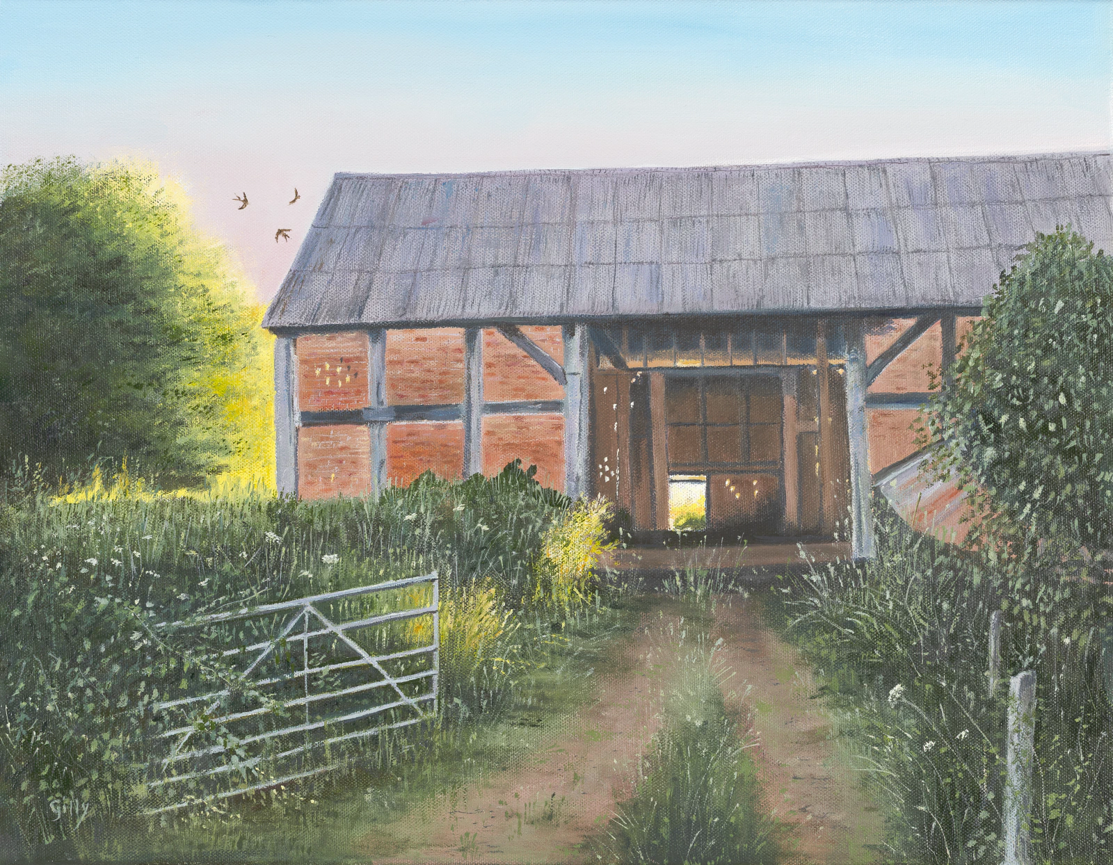 Oil artwork titled Evening Light on Flapgate Barn.