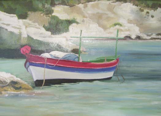 Oil artwork titled Fishing Boat, Paxos, Greece.