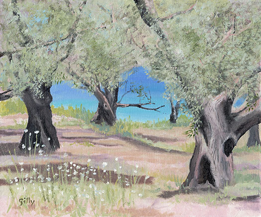 Oil artwork titled Olive Trees on Lefkada.