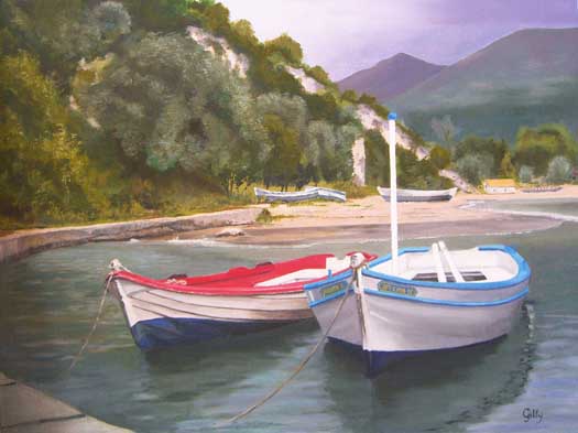 Oil artwork titled Stormy Skies over Parga, Greece.