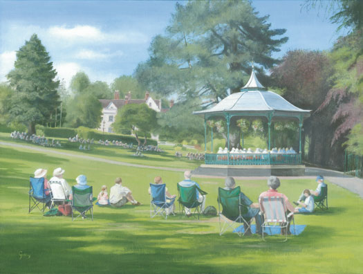 Oil artwork titled Summer Serenade in Priory Park.