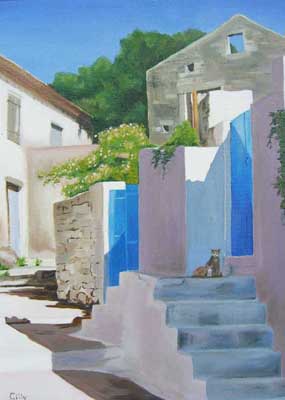 Oil artwork titled Tom's House, Katsarata Village, Kephalonia.