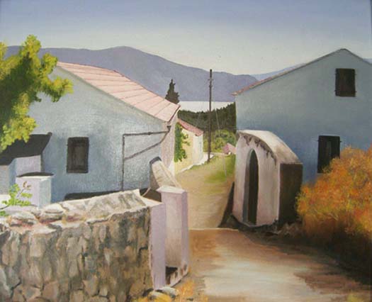 Oil artwork titled A walk through Katsarata Village, Kephalonia.