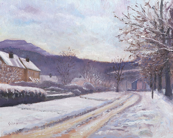 Oil artwork titled Winter on Colwall Green.