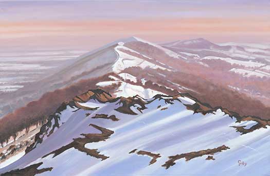 Oil artwork titled Winter Sunset on the Malverns.